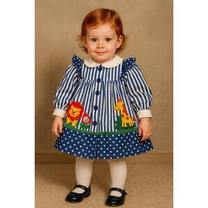 Vintage Nannette Toddler Girls Dress Sz 18 Month Blue White Stripe Jungle Animal